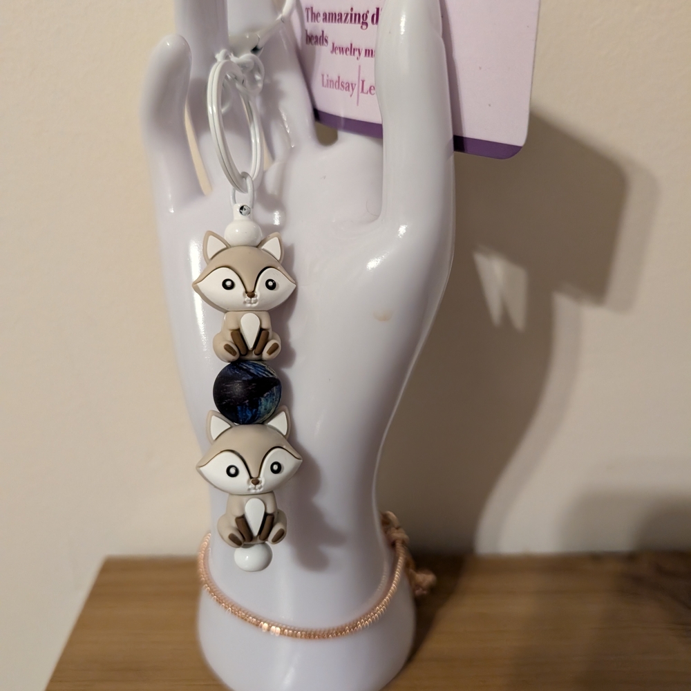 Fox Keychain With Cream and Brown Beads